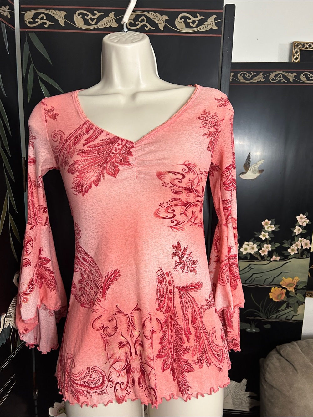 Rue21 Pink Paisley V-Neck Bell Sleeve Long-Sleeve Dress
